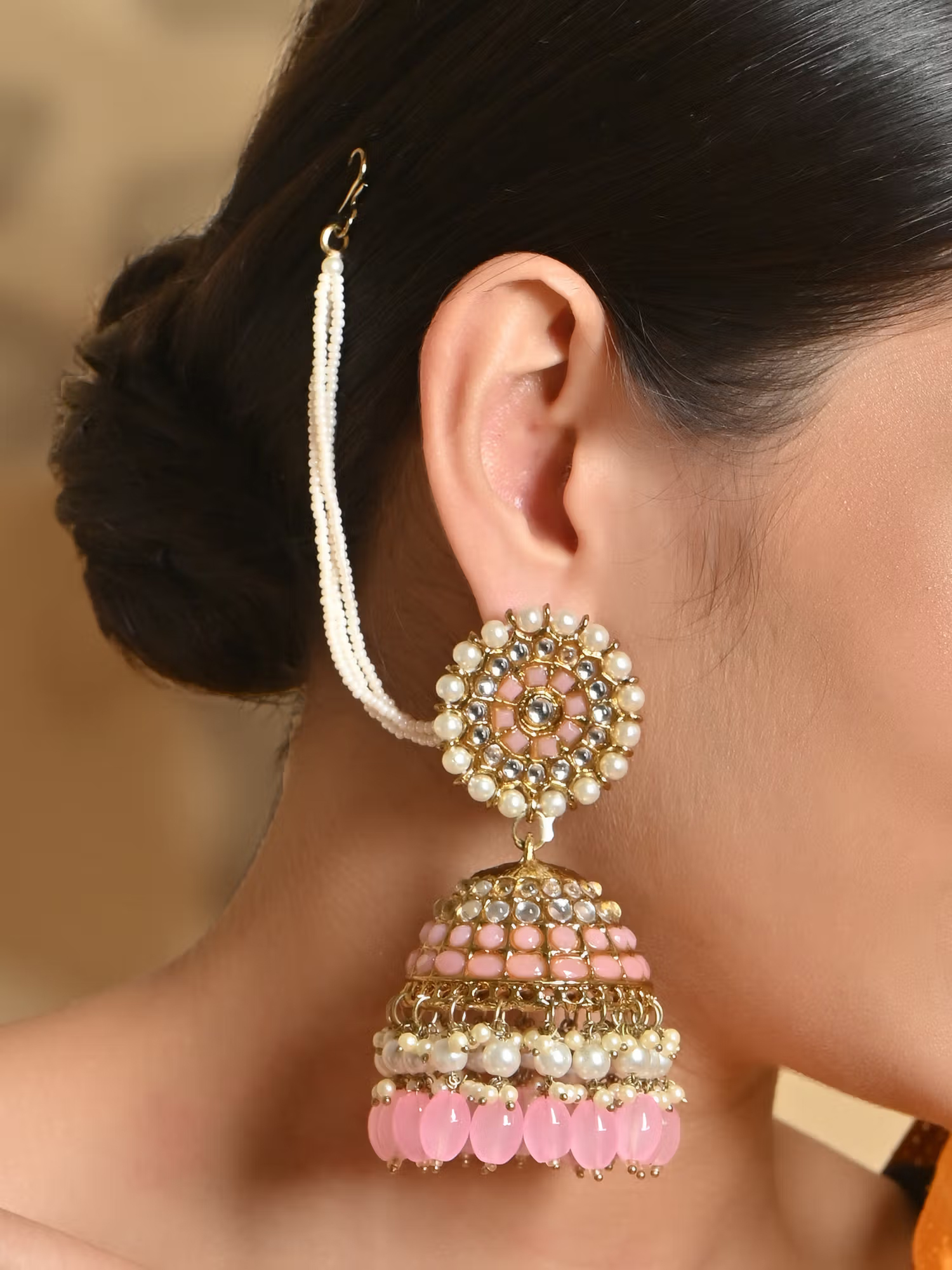Ethnic Gold Plated Peach Beads Kundan Pearl Jhumka Earring