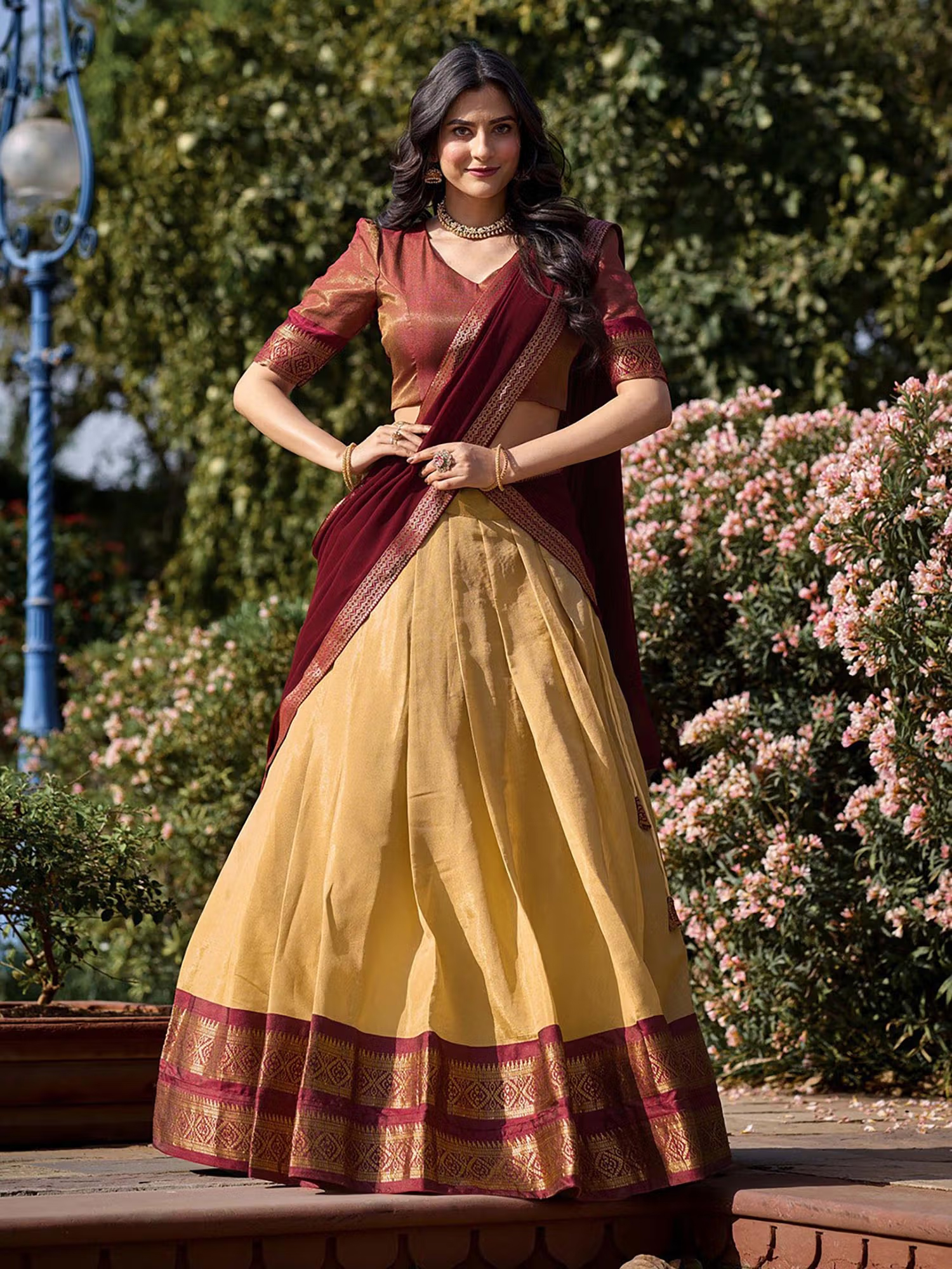 JATRIQQ South-Style Cream Kanchipuram Silk Lehenga & Unstitched Blouse with Dupatta