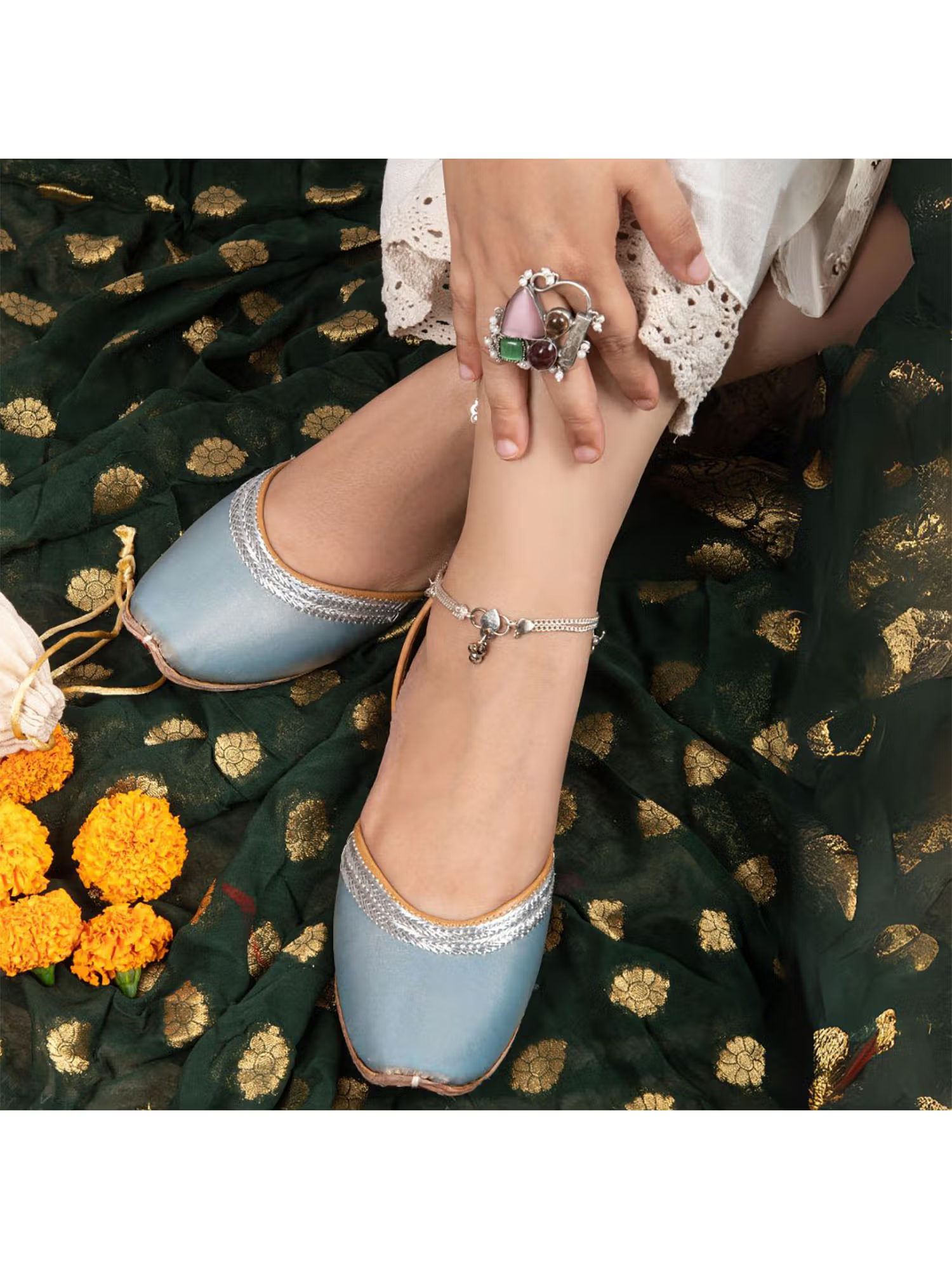 YASSIO Grey Greyish Golden Satin Muted Luxury with Silver Embroidery Juttis