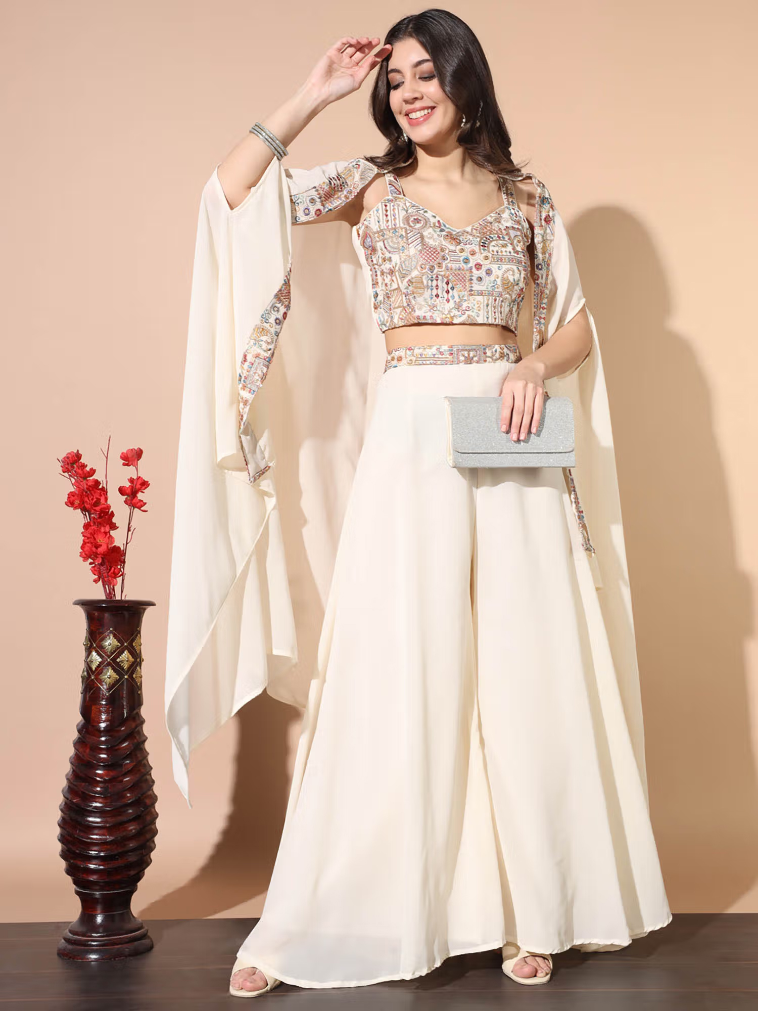 Chhabra 555 Cream Embroidered Flared Crop Top and Palazzo with Shrug
