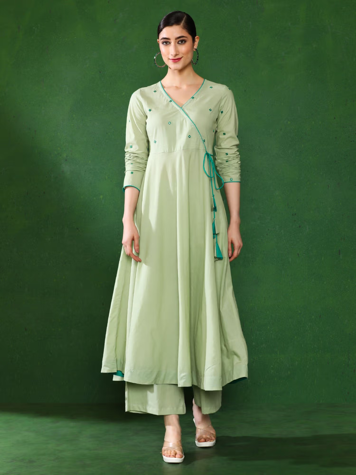 Jaipur Kurti Women Light Green Angrakha Style Cotton Flared Kurta with Palazzos