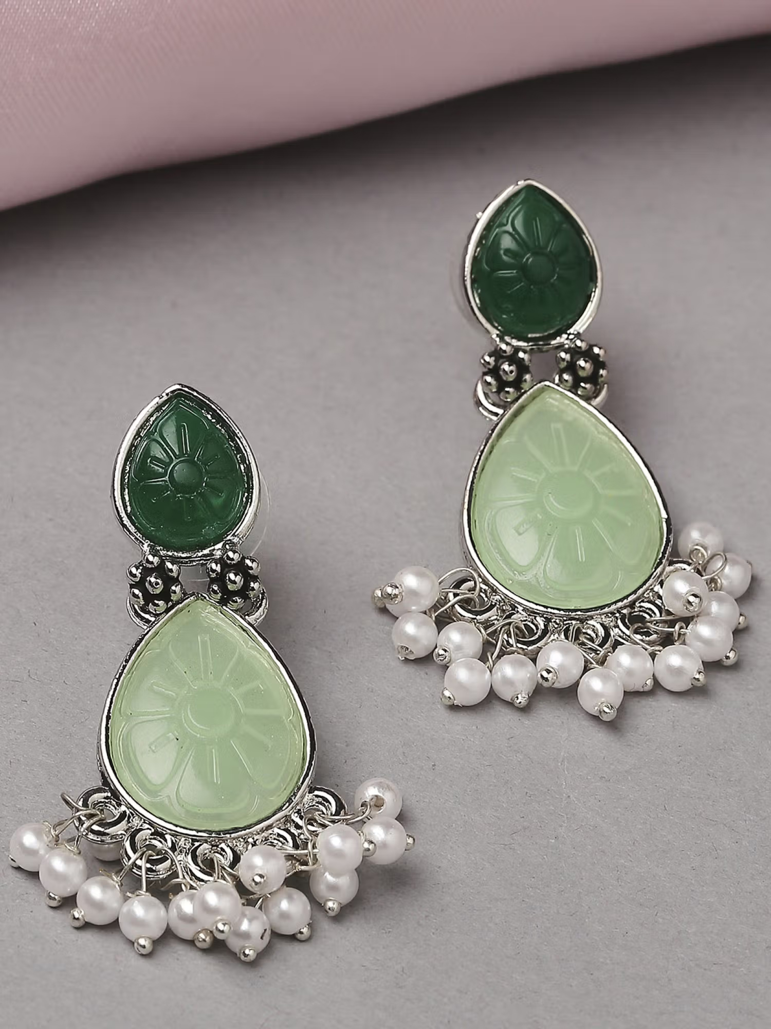 OOMPH Mint Green Ethnic Drop Earrings-Engraved Jaipur Stones