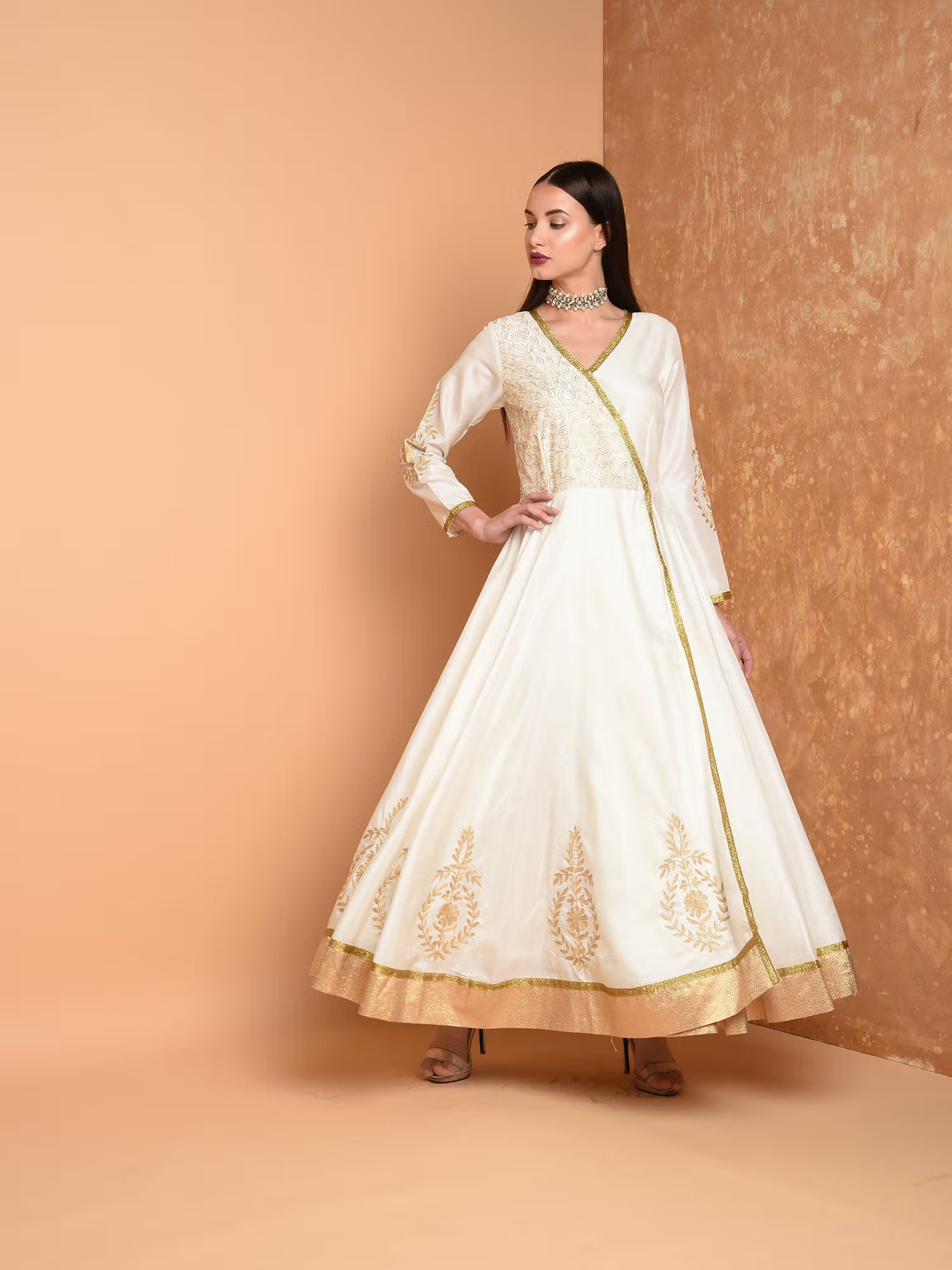 Kaanchie Nanggia Off White Silk Embroidered Anarkali Dress