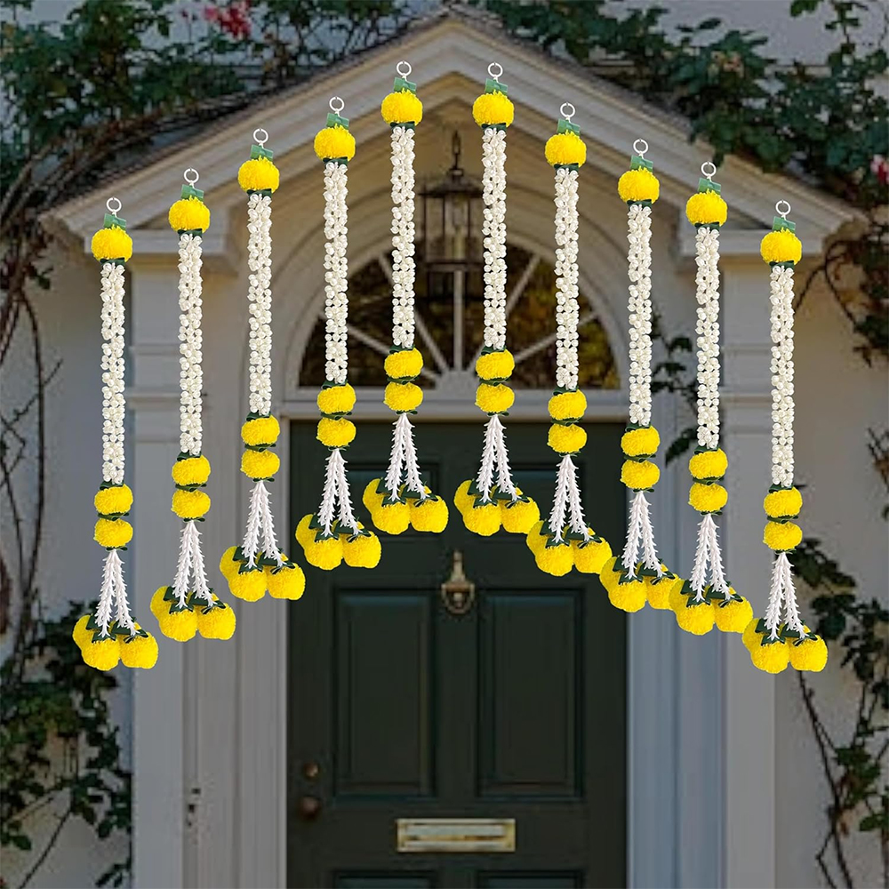 iHandikart Jasmine Artificial Garland with Marigold Flowers & Tuberose (Rajnigandha) Garland