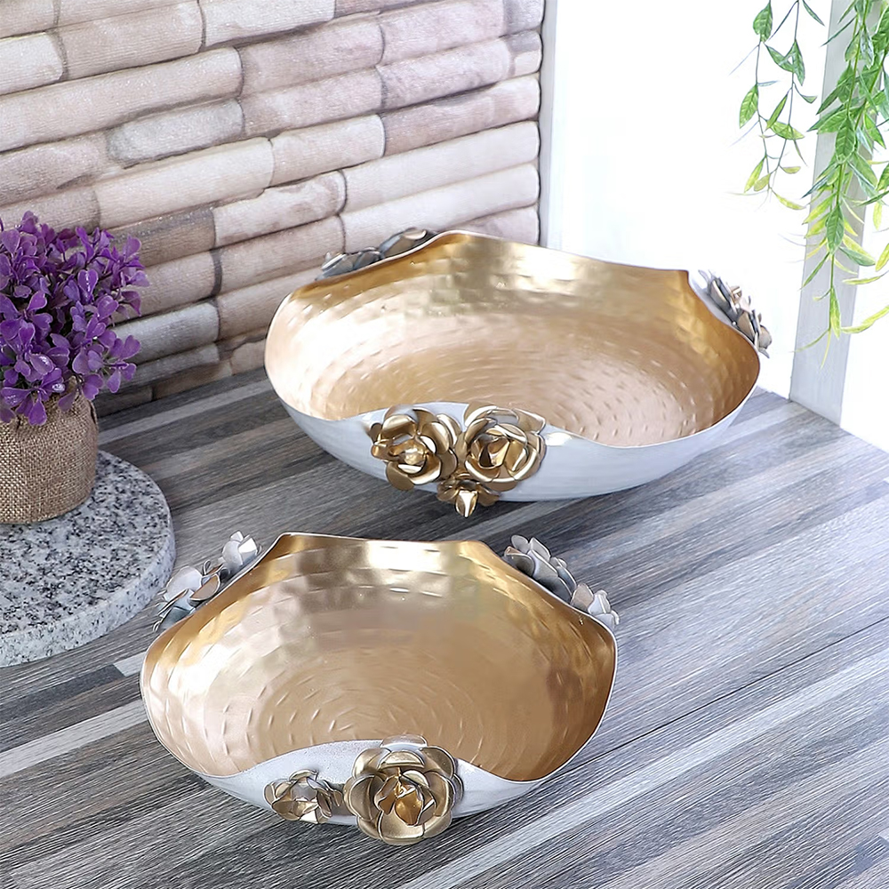 Amaya Decors White & Gold Hammered Rose Decorative Platter Set of 2