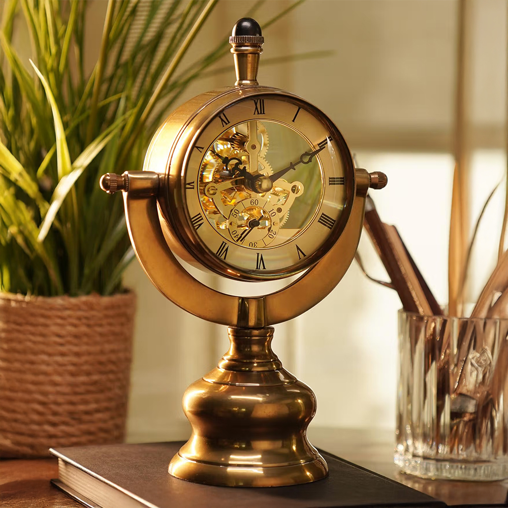 Pure Home + Living Gold Brass Finish Table Desk Clock with Base