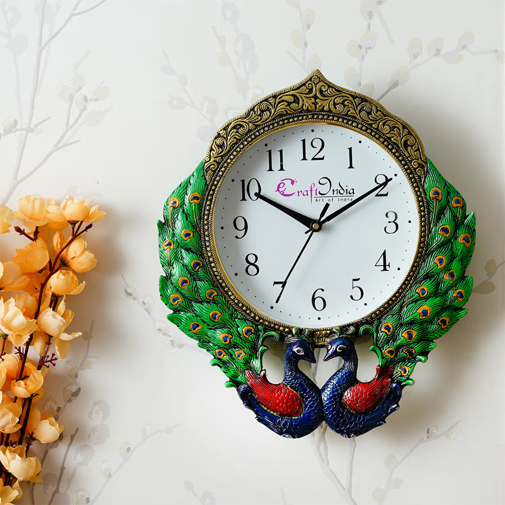 eCraftIndia Multi-Color 2 Peacocks Designer Analog Metal Wall Clock