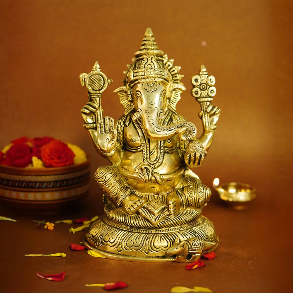 Ekhasa 100% Pure Brass Big Size Ganesha Idol (Heavy Weight: 2Kg) (6 Inches)