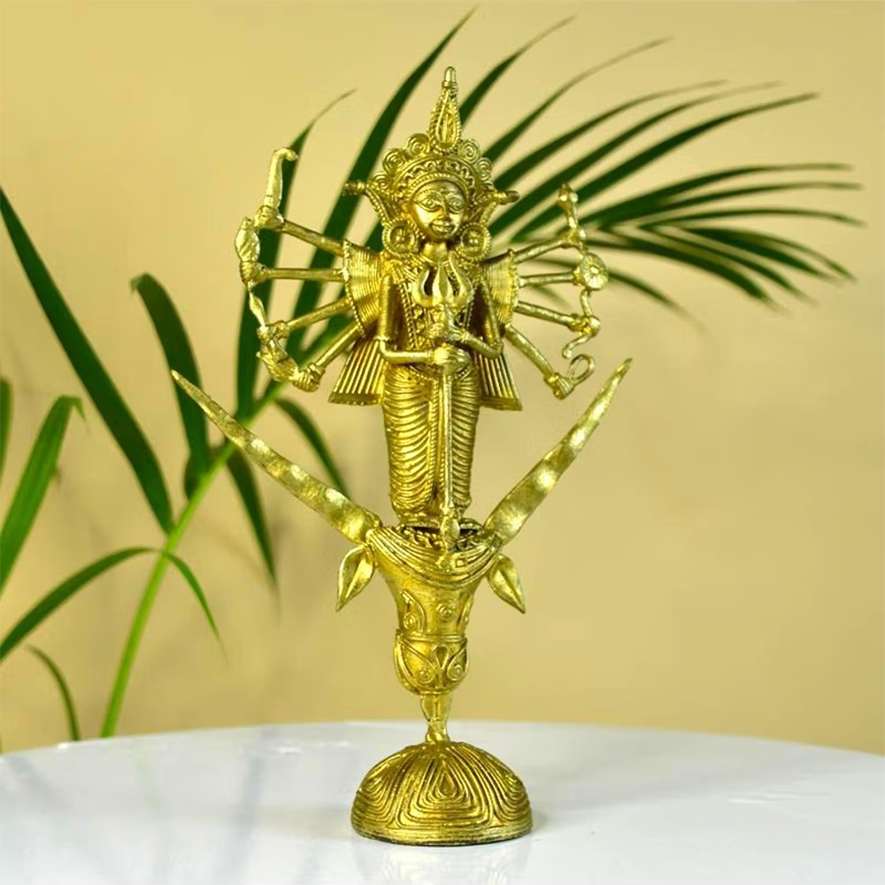 SOWPEACE Gold Dhokra Craft Goddess Durga Mahishasur Mardini Brass Decor
