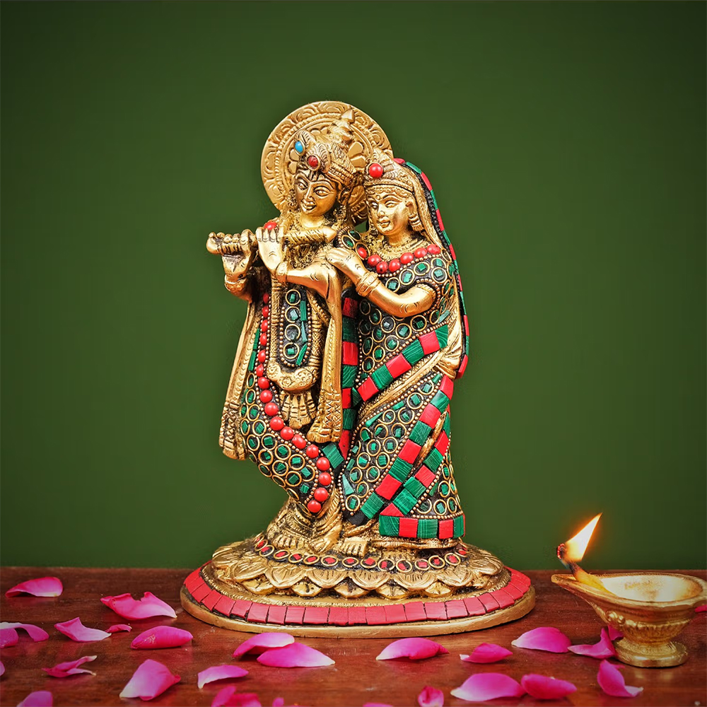 Ekaa Handicrafts Brass Radha Krishna Statue in Stonework