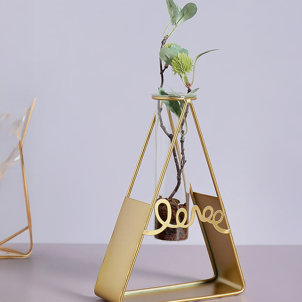 Bonhomie Gold Solid Triangle Metal Glass Test Tube Vase