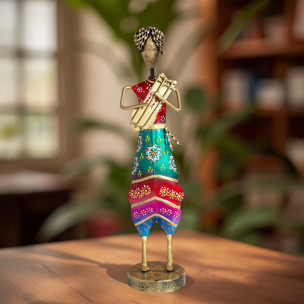 Golden Peacock Red Teal Green Textured Musician Figurine Showpiece