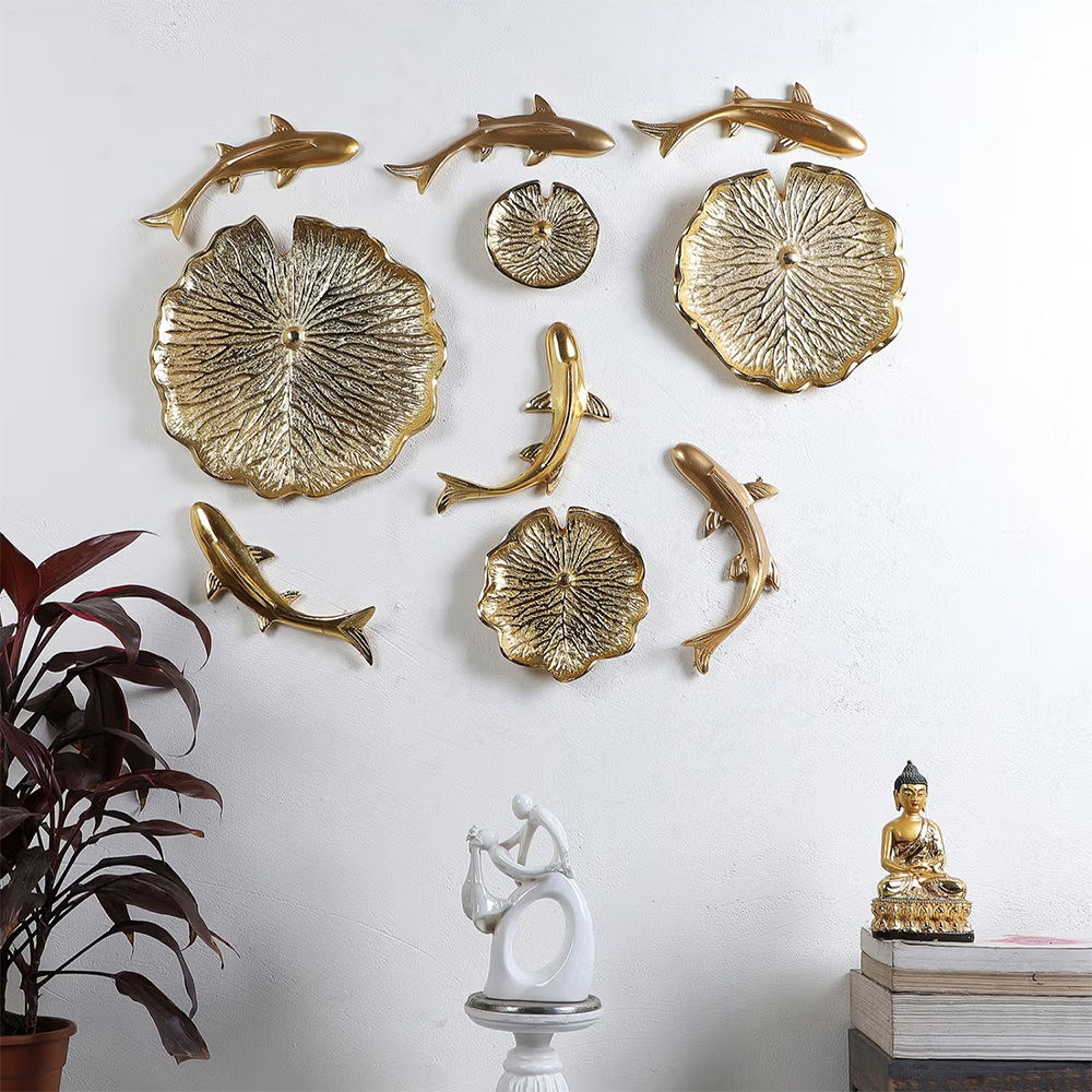 Amaya Decors Gold Aluminium Fish & Plate Wall Art Set of 10