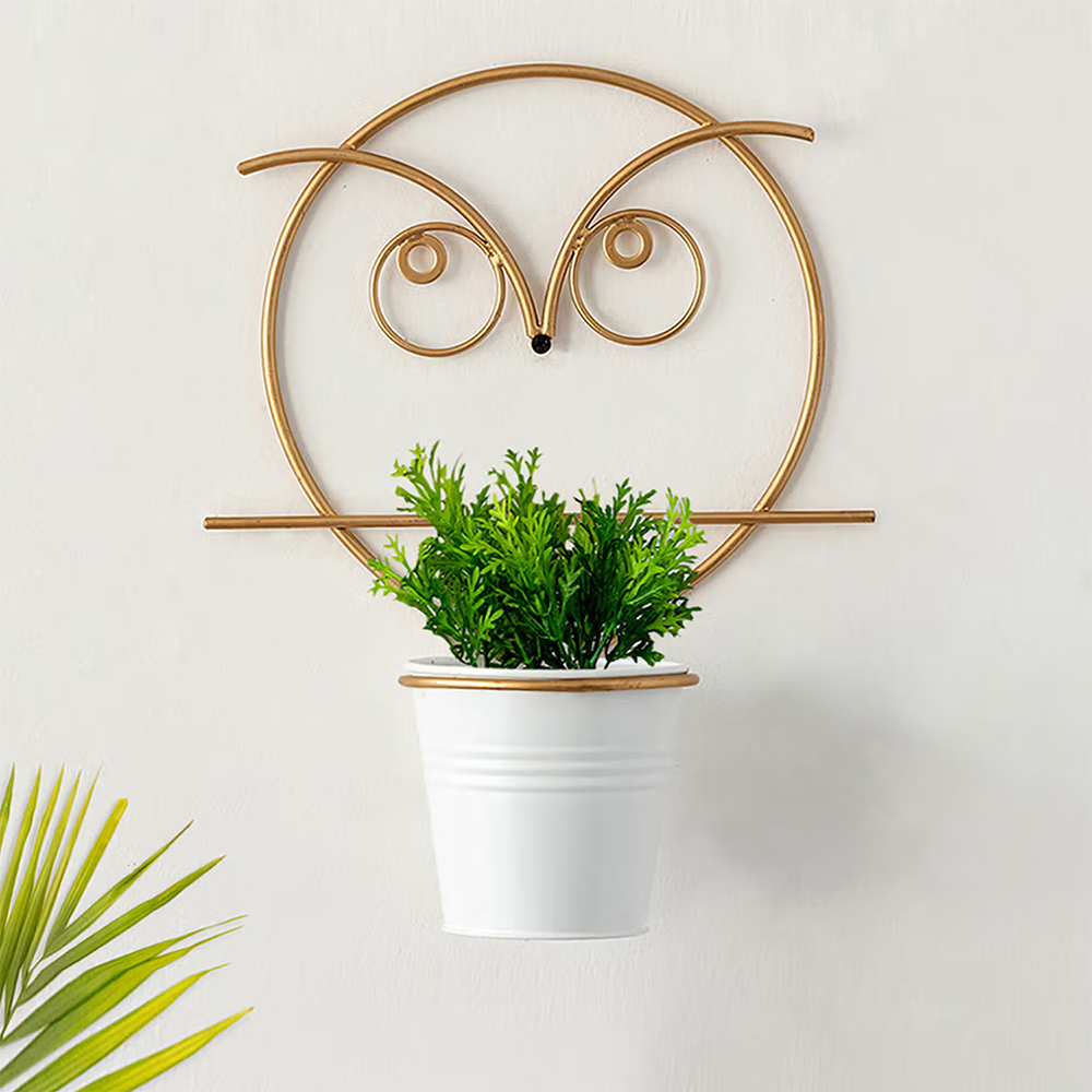 ExclusiveLane Angry Owl Wall Planter Pot in Galvanized Iron 10 Inch Brass Finish