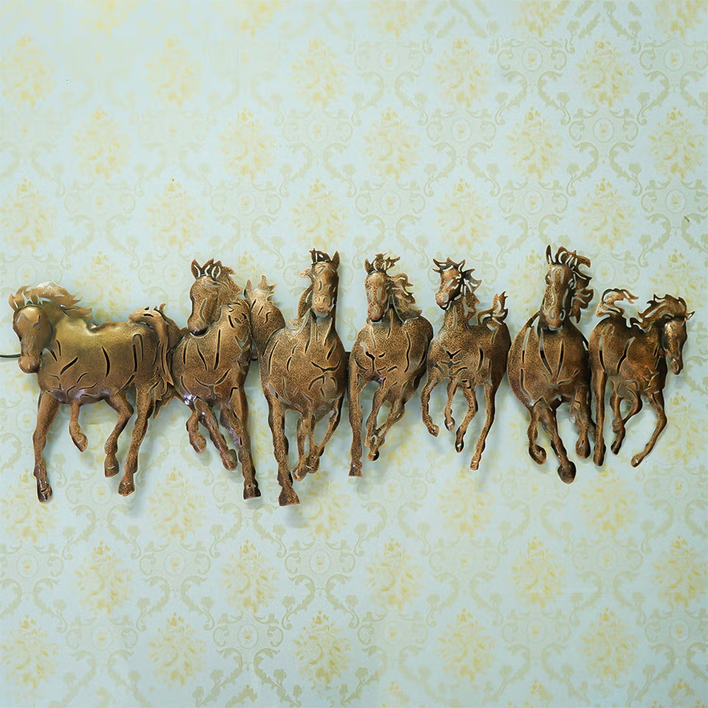 eCraftIndia Running 7 Horses Design Iron Wall Hanging with background LED