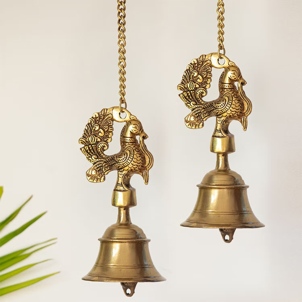 ExclusiveLane Elegant Peacock Hand-Etched Decorative Hanging Bell In Brass (Set of 2)