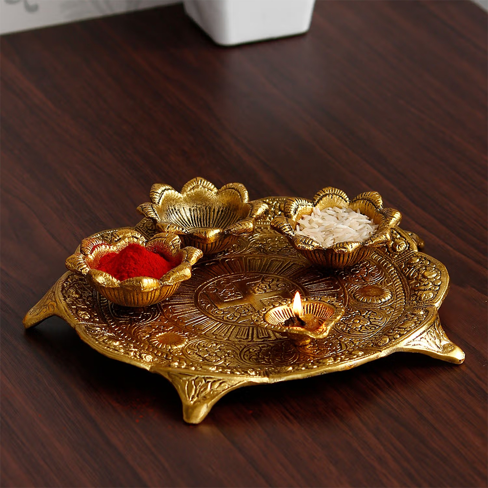 eCraftIndia Golden Metal Swastik Designer Pooja Thali with 3 Bowls and 1 Diya
