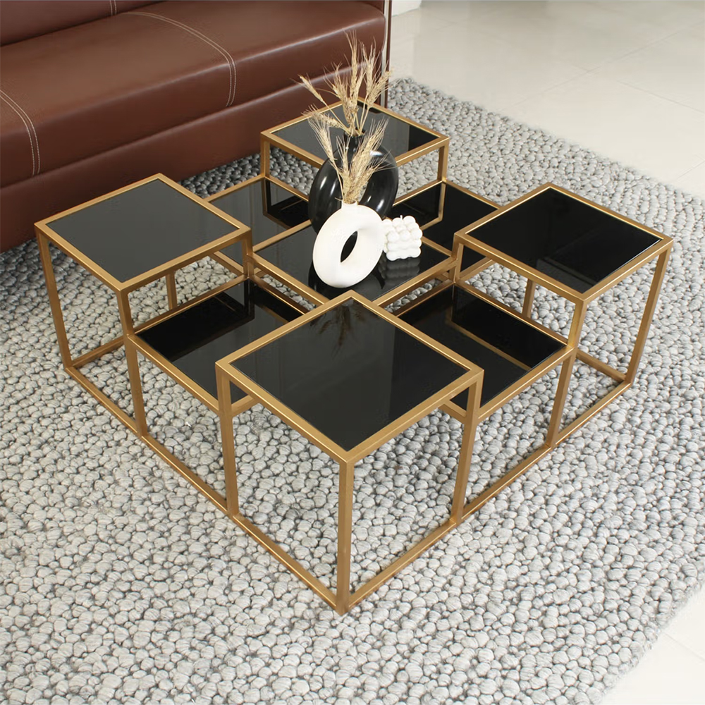 Claymint Valentino Black Glass Bunching Coffee Table in Dark Gold Finish
