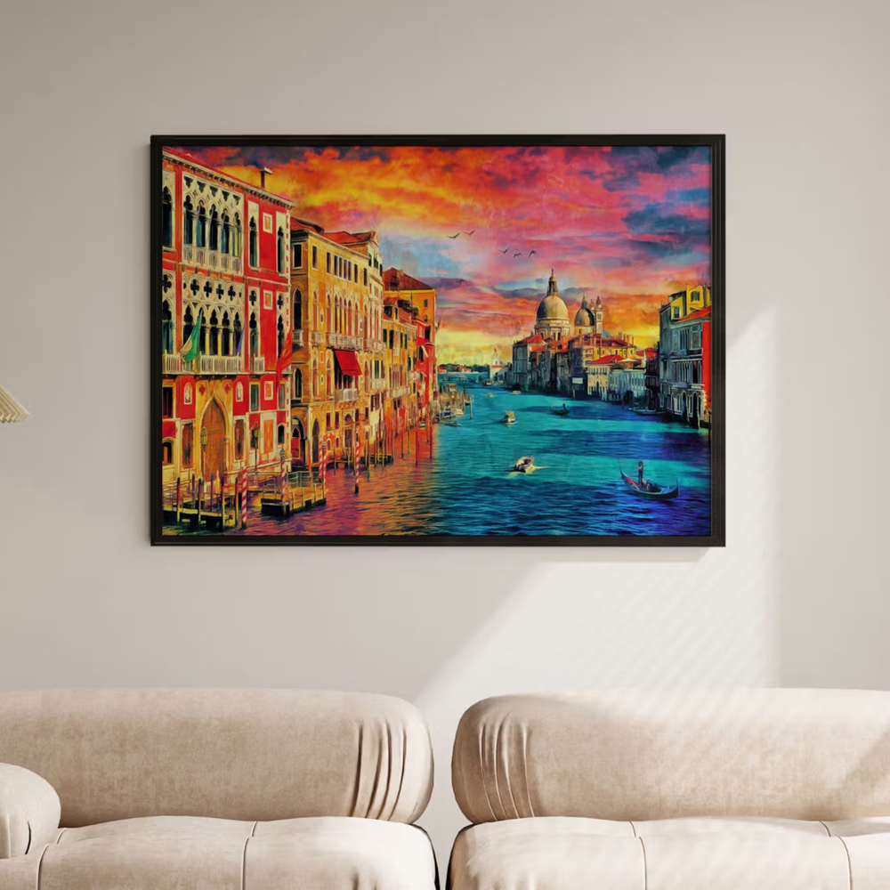 Artcrest Venice Grand Canal Large Painting Black Box Framed Canvas Wall Art Painting