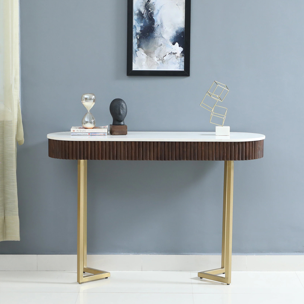 Kaffka Metal Console Table In Brass Electroplating Finish With White Porcelain Top