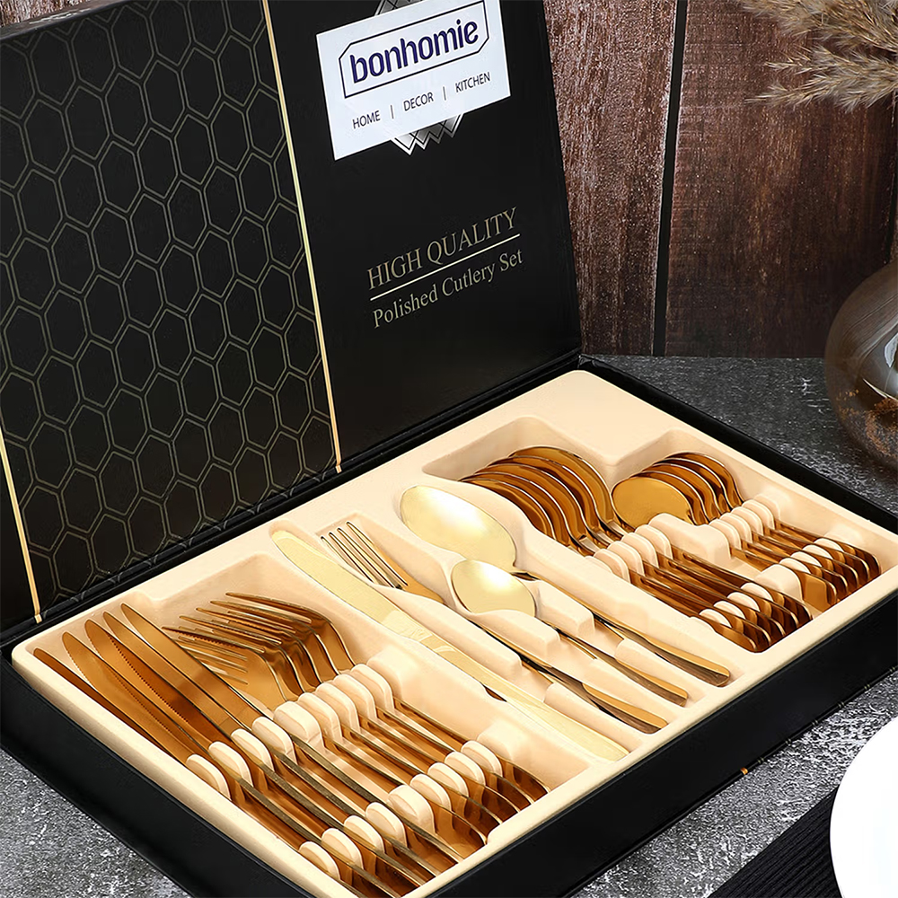 Bonhomie Gold Solid Stainless Steel Cutlery Set Pack of 24