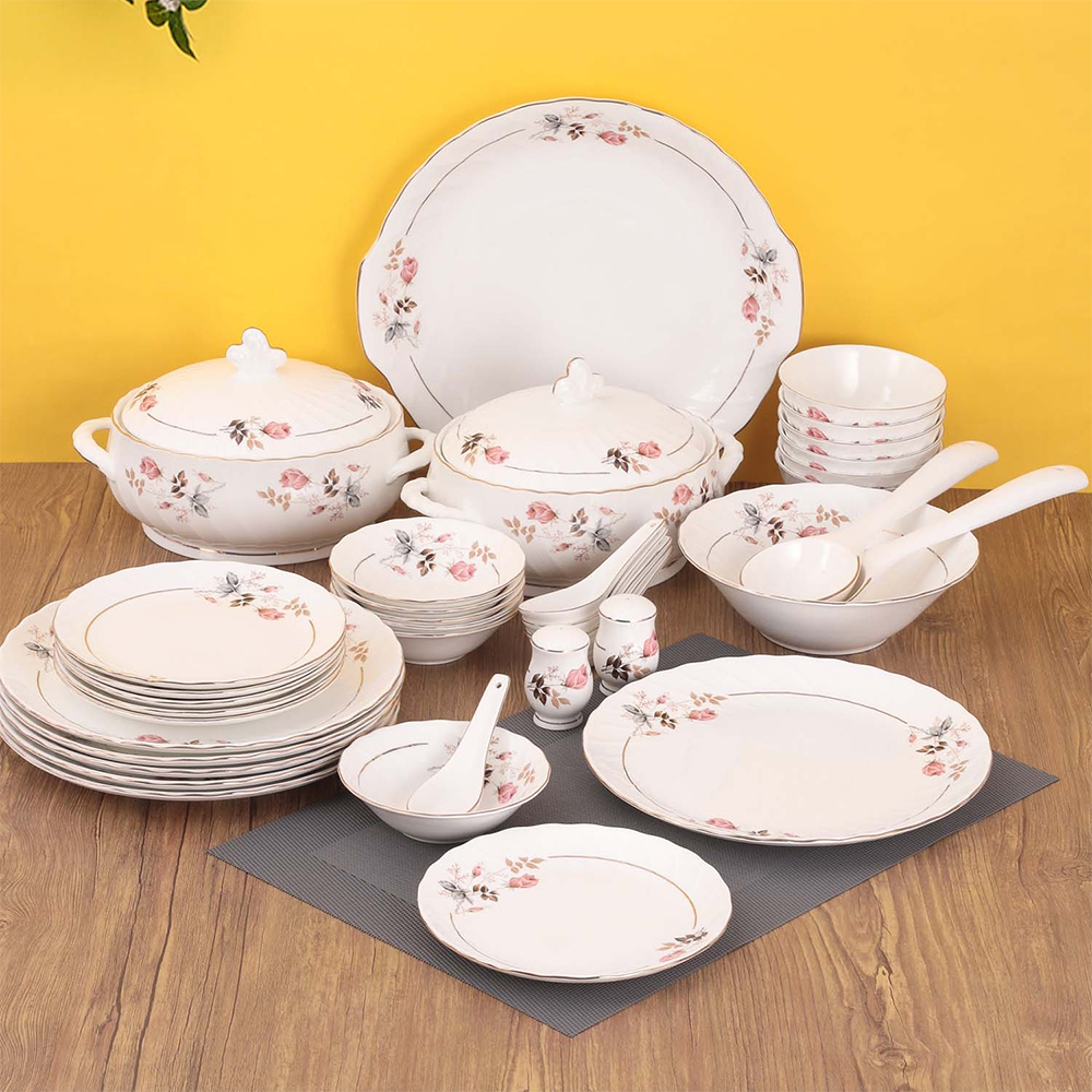 CLAY CRAFT Fine Ceramic Printed Rose Print Dinner Set - 40 Pieces