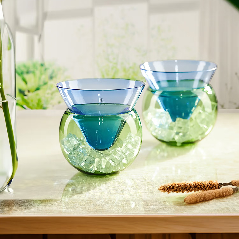 Trovea's Beautiful Ice Chiller with Top Blue and Bottom Green Cocktail Glass Set