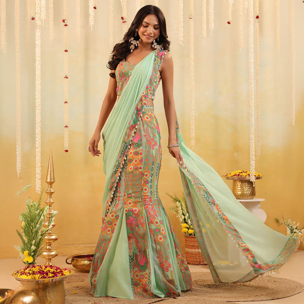 B'Infinite Green Pop Mirage Embellished Draped Saree with Stitched Blouse