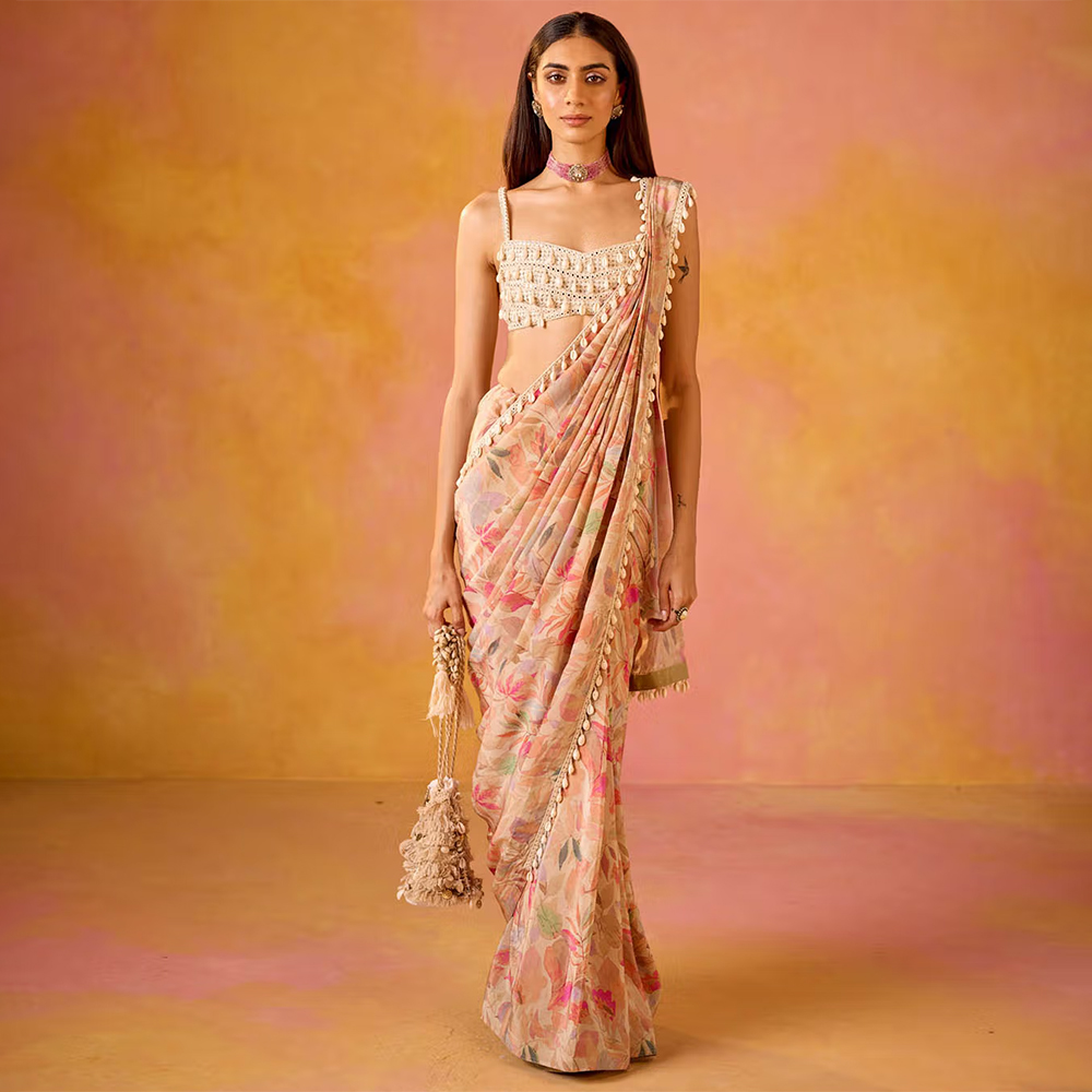 Old Marigold Leher Pink Crepe Saree with Stitched Blouse