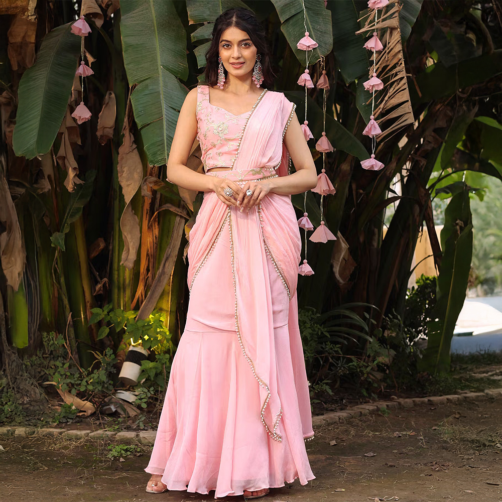 Label Aditi Hundia Vaani Pink Pre-Draped Saree with Belt and Stitched Blouse