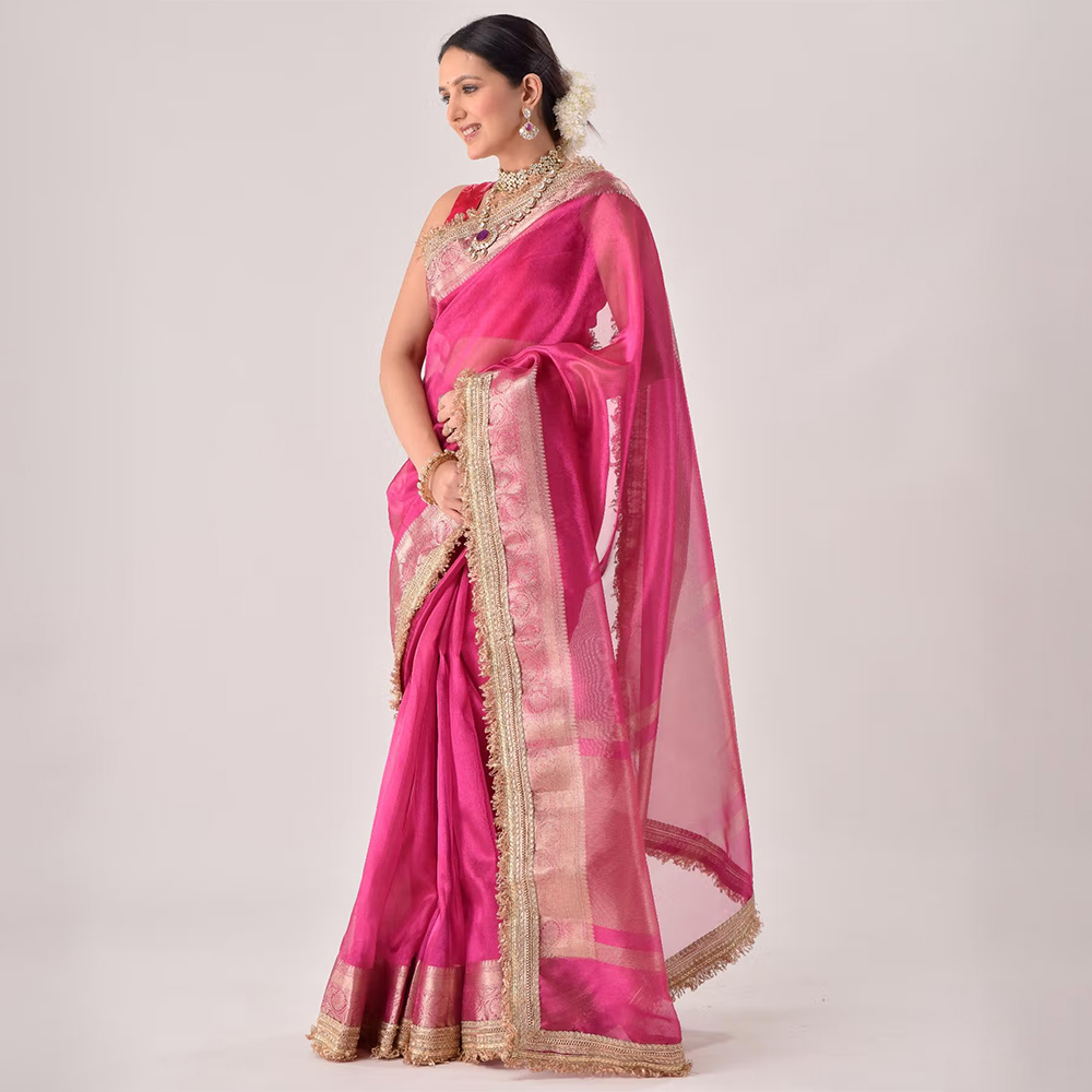 Sutra Attire Rose Pink Banarasi Handwoven Tissue Saree with Unstitched Blouse