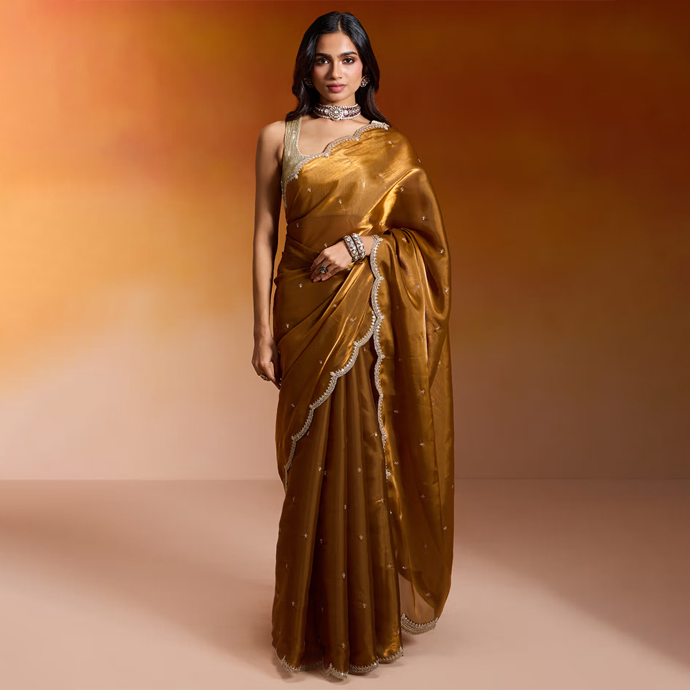 Gajra Gang Gold Soft Organza Embroidered Saree without Blouse Vibe Tribe (Free Size)