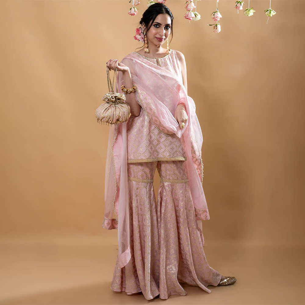 MONK & MEI Vani Kurta with Sharara & Dupatta-Powder Pink (Set of 3)