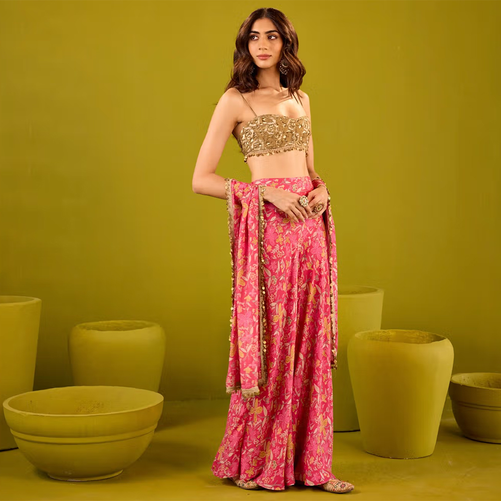 Old Marigold Mannat Pink Muslin Sharara with Gold Blouse and Dupatta (Set of 3)