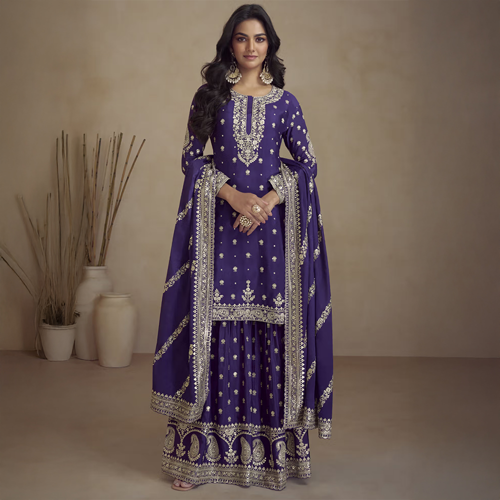 SamaayaJaipur Purple Embroidery Designer Sharara with Kurta and Dupatta (Set of 3)