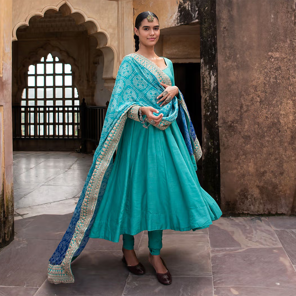 Karaj Jaipur Pure Blue Dola Silk Anarkali Kurta with Churidar Pant and Dupatta (Set of 3)