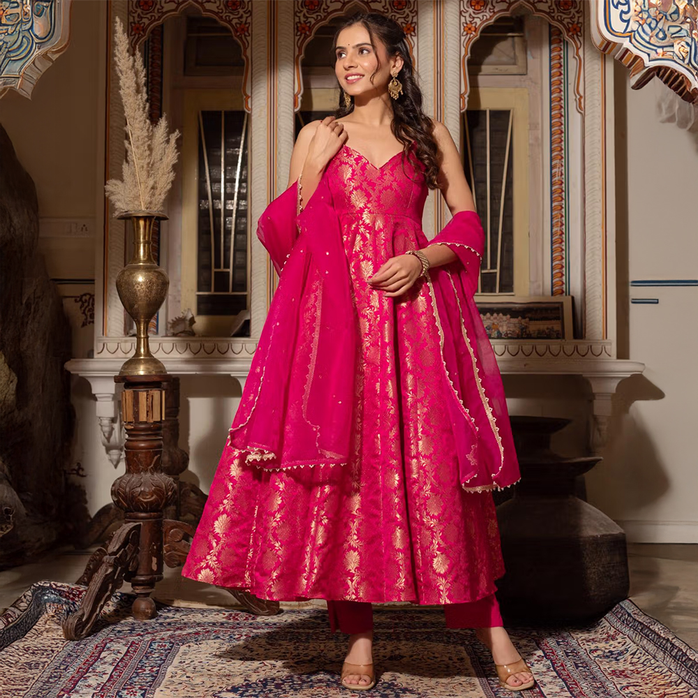 Bhavini Paris Ridhi Pink Anarkali Kurta with Pant and Dupatta (Set of 3)