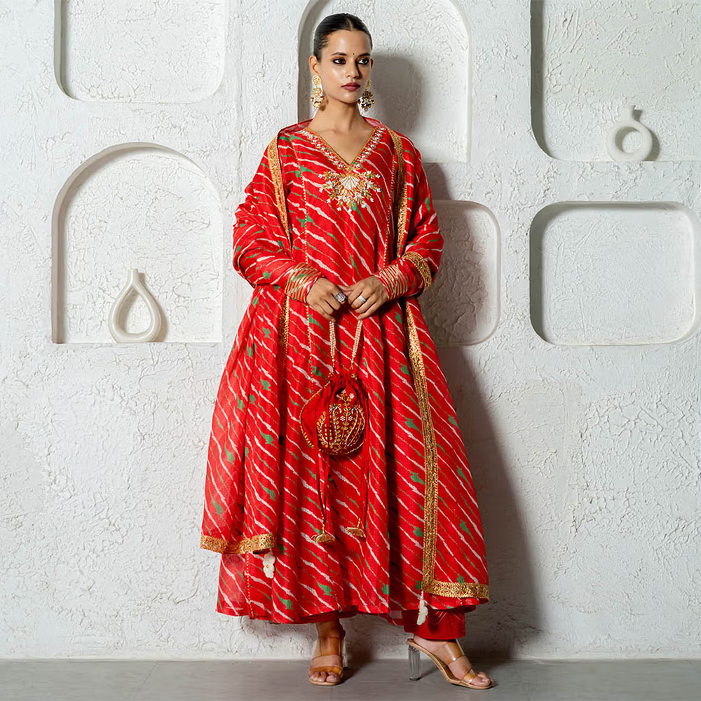 Yuvrani Jaipur Red Kota Doriya Inner Potli Anarkali Kurta with Pant & Dupatta (Set of 4)
