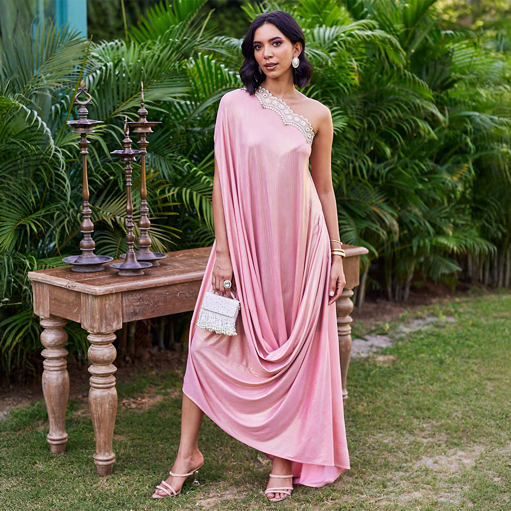 STTAVOSS Zeyna Pink Embroidered Flared Sleeves One Shoulder Kaftan Maxi Dress