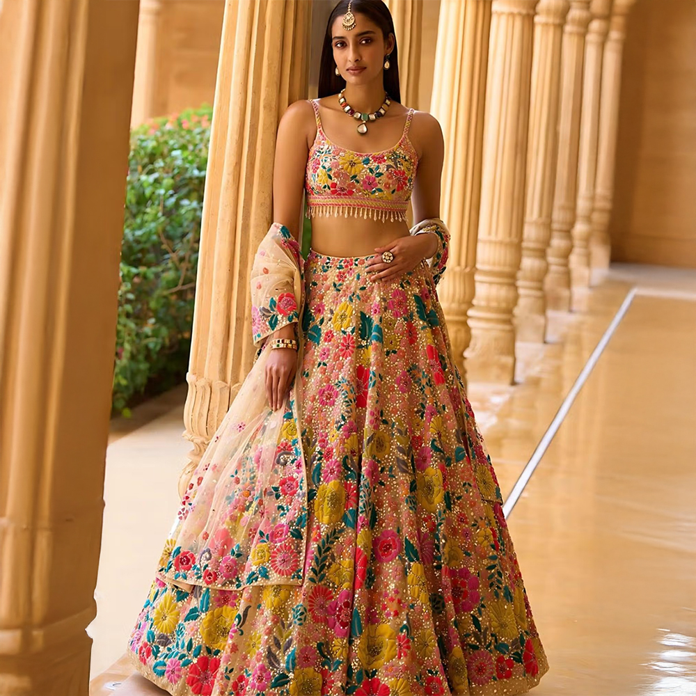 Odette Multicolor Silk Blend Embellished Semi-Stitched Lehenga Unstiched Choli with Dupatta
