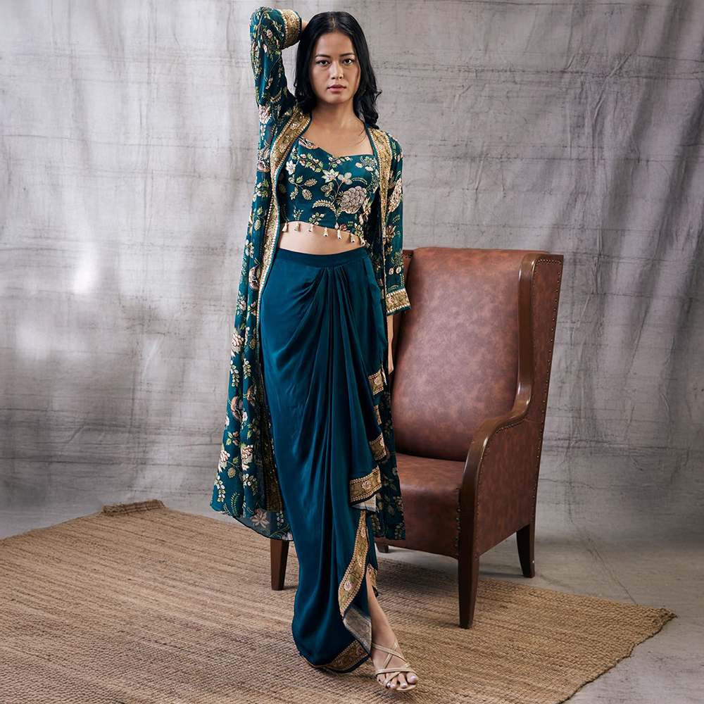 Soup by Sougat Paul Mehr Printed Drape Skirt Jacket (Set of 3)