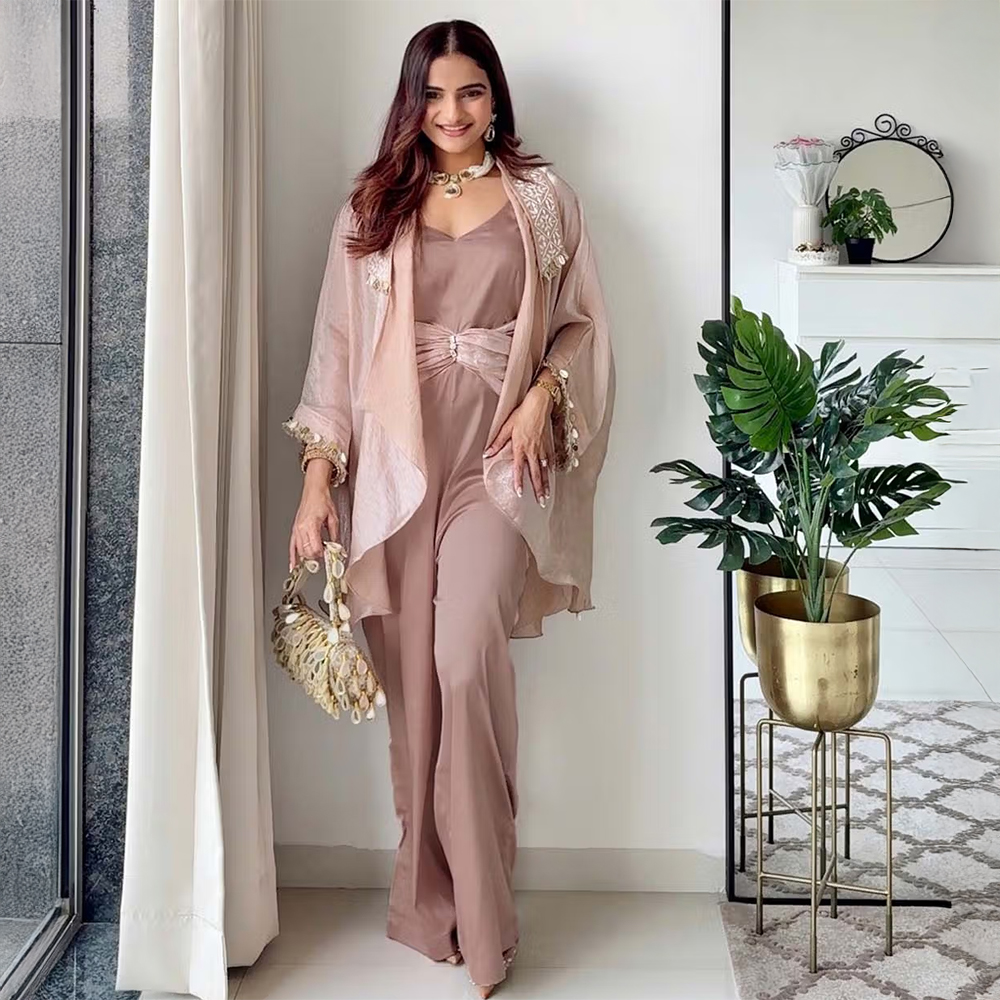 UNDYED Mauve Satin Silk Chikankari Jumpsuit with Cape (Set of 2)