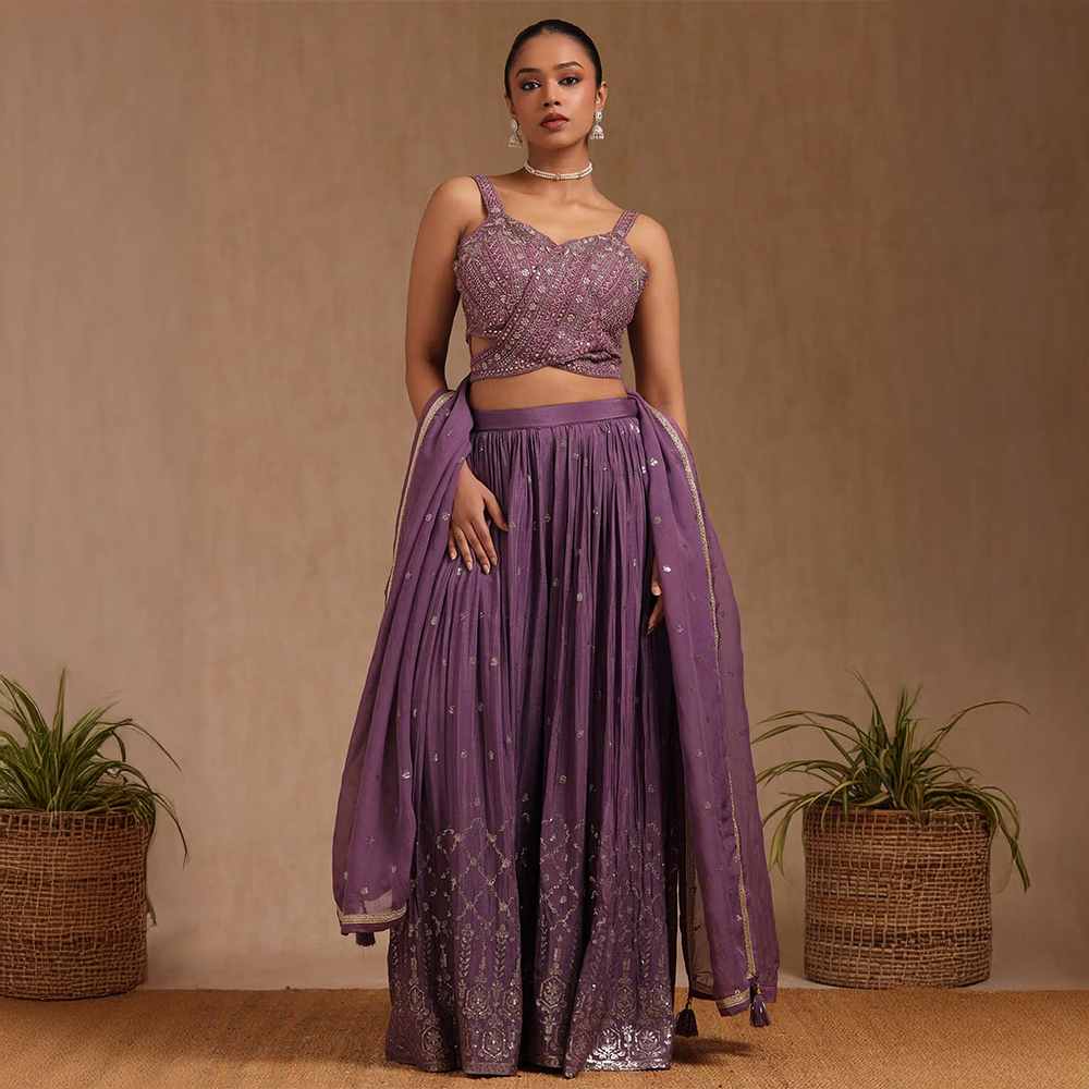 Soch Women Purple Embellished Crop Top with Palazzo and Dupatta (Set of 3)