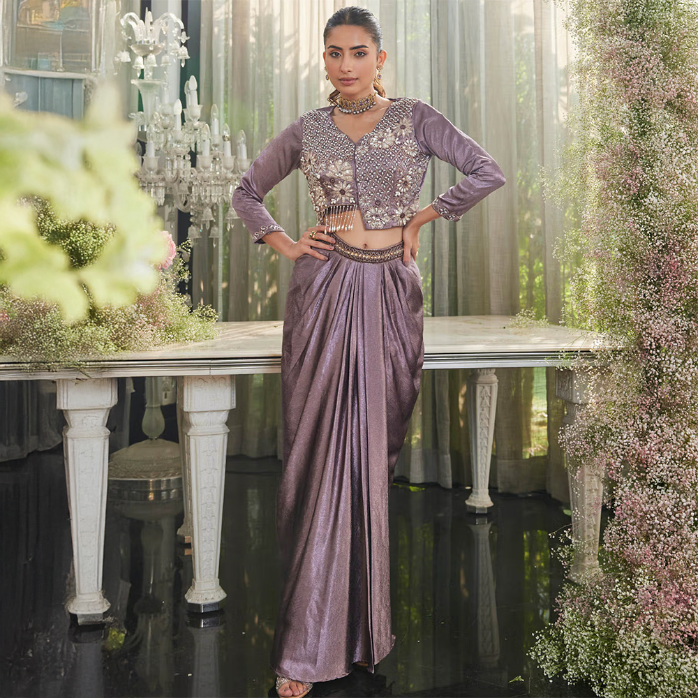 Label S4U Lavender Embellished Indo-Western Top & Draped Skirt