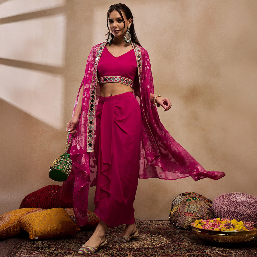Mabish By Sonal Jain Pink Crop Top with Draped Skirt and Cape (Set of 3)