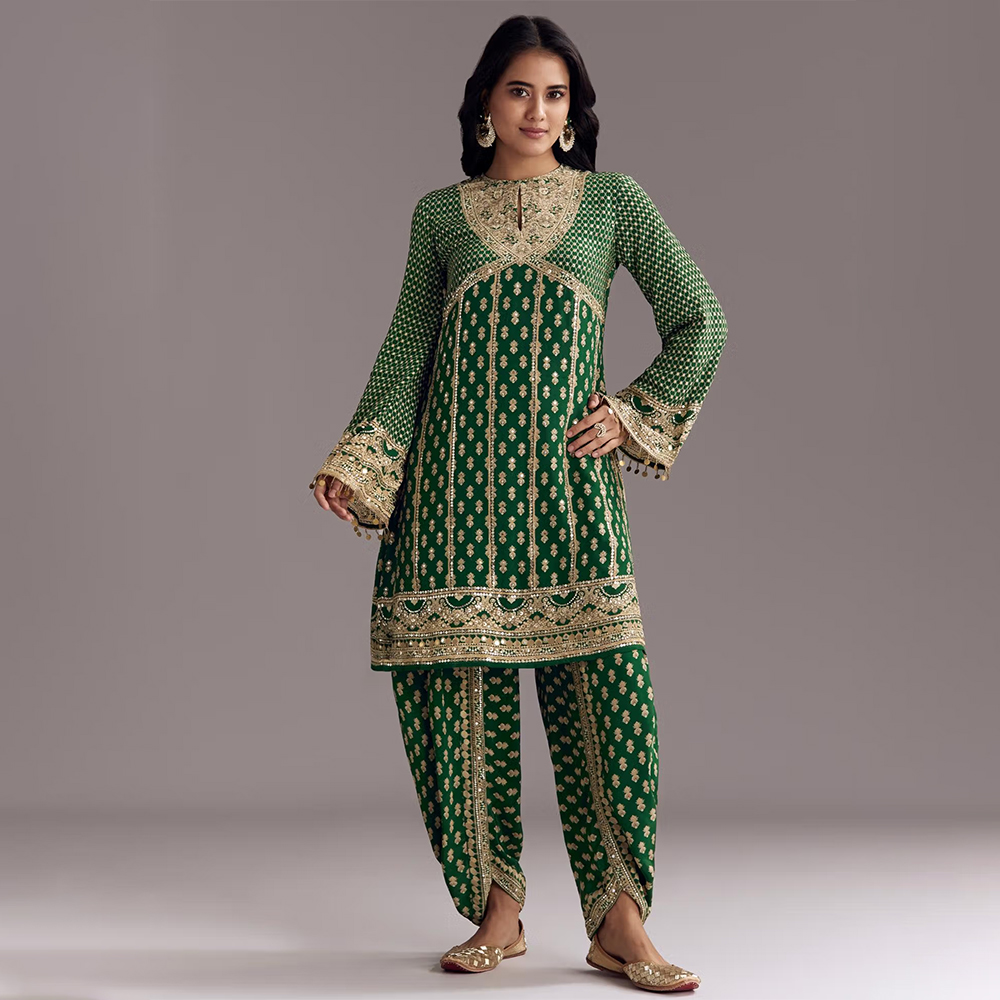 KALKI FASHION Keyhole Neck Parrot Green Printed Crepe Kurta with Dhoti Pant