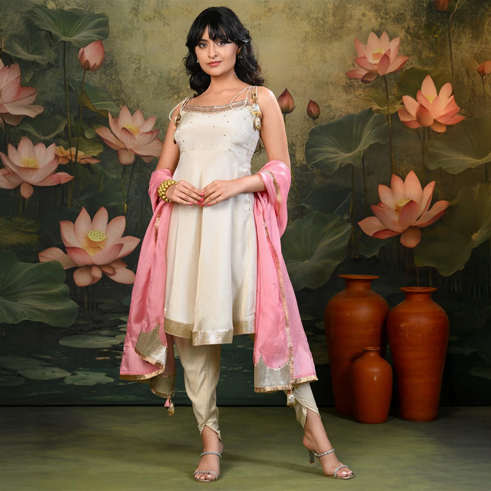 SHOP GULMOHAR Geet Golden Hand Embroidered Ivory Kurta with Dhoti Pant and Dupatta