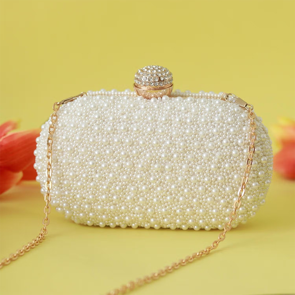 THE TAN CLAN White Pearl Clutch with Detachable Chain Strap