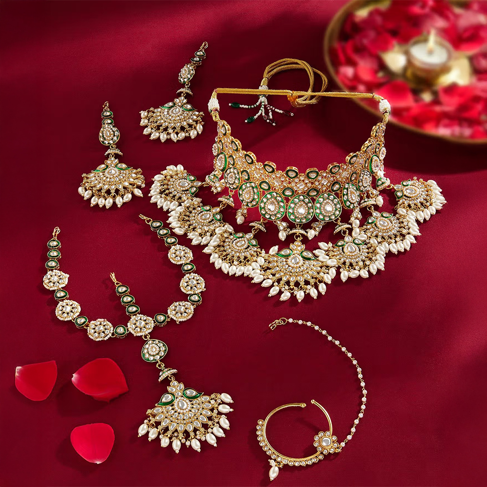 Zaveri Pearls Multi-Colour Meenakari Necklace Earring Matha Patti and Nose Pin Set