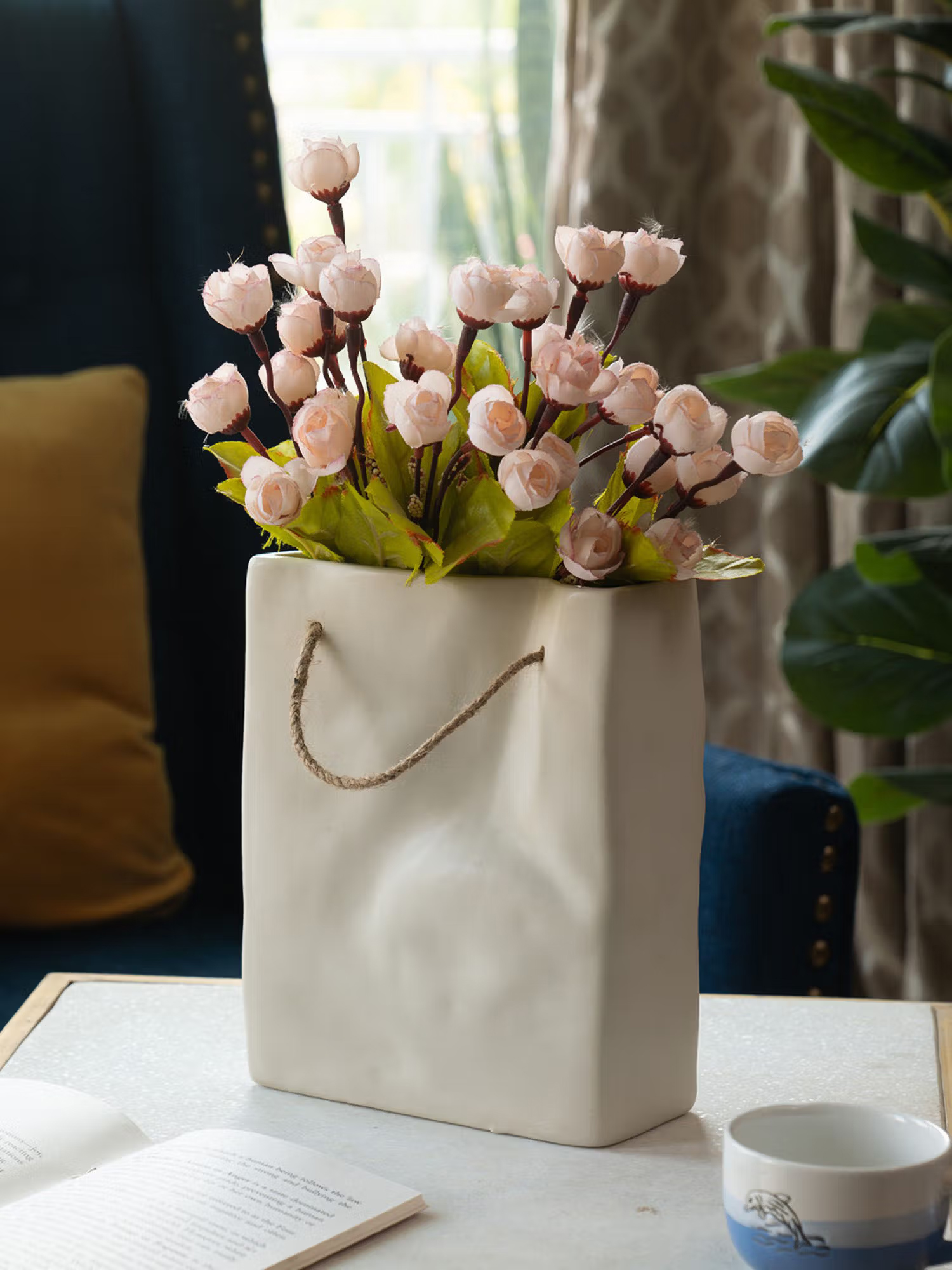 Glimpse Homes Ivory Crinkled Paper Bag Ceramic Vase